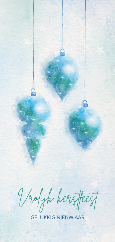 Kerstkaarten - Kerstkaart blauw-groen aquarel met 3 kerstballen