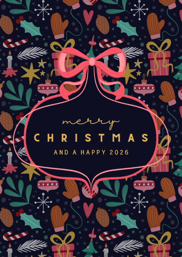 Kerstkaart blauw met patroon en strik rechthoek - Kerstkaarten Kerstkaarten - Kerstkaart blauw met patroon en strik rechthoek