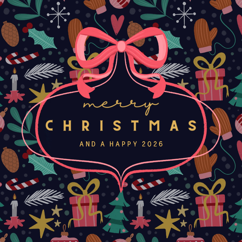 Kerstkaarten - Kerstkaart blauw met patroon en strik