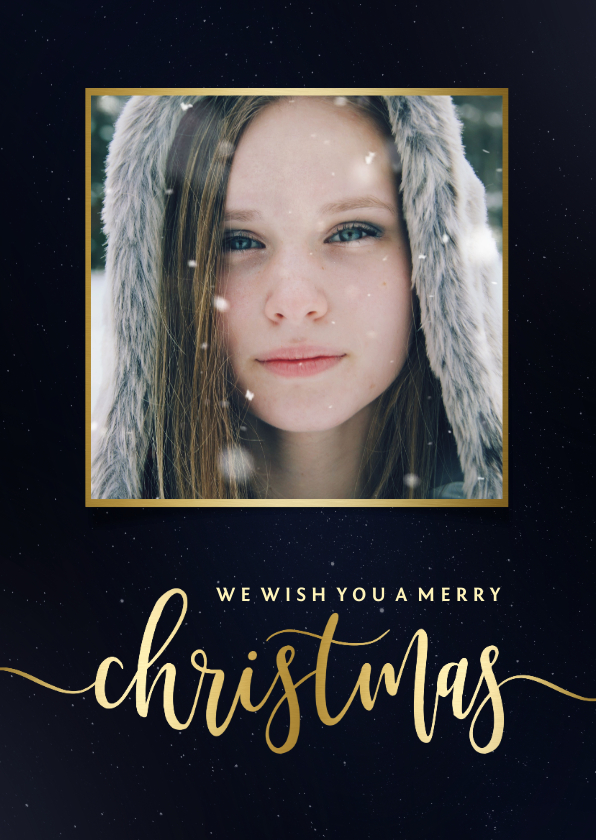 Kerstkaart blauwe galaxy met gouden accenten en foto - Kerstkaarten Kerstkaarten - Kerstkaart blauwe galaxy met gouden accenten en foto