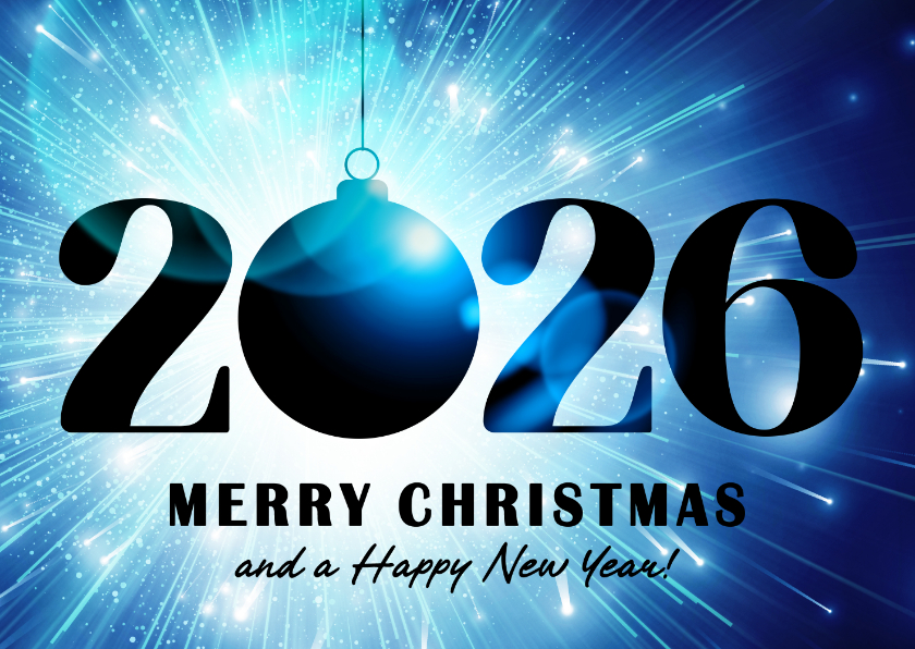 Kerstkaart blauwe kerstbal in licht 2026 - Kerstkaarten Kerstkaarten - Kerstkaart blauwe kerstbal in licht 2026