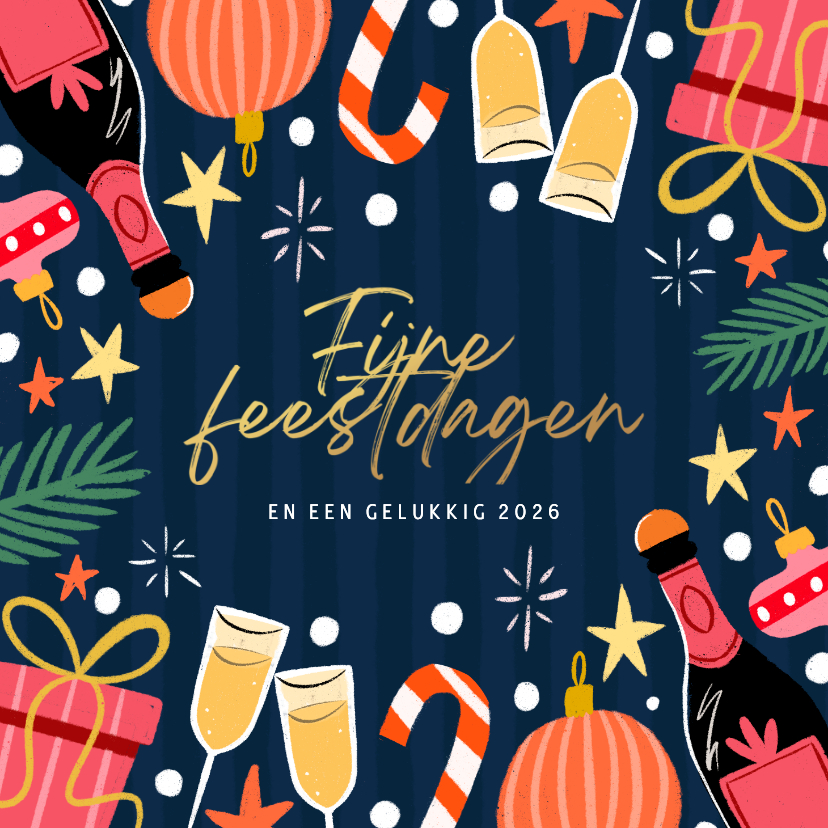 Kerstkaarten - Kerstkaart blauwe streep en roze figuren