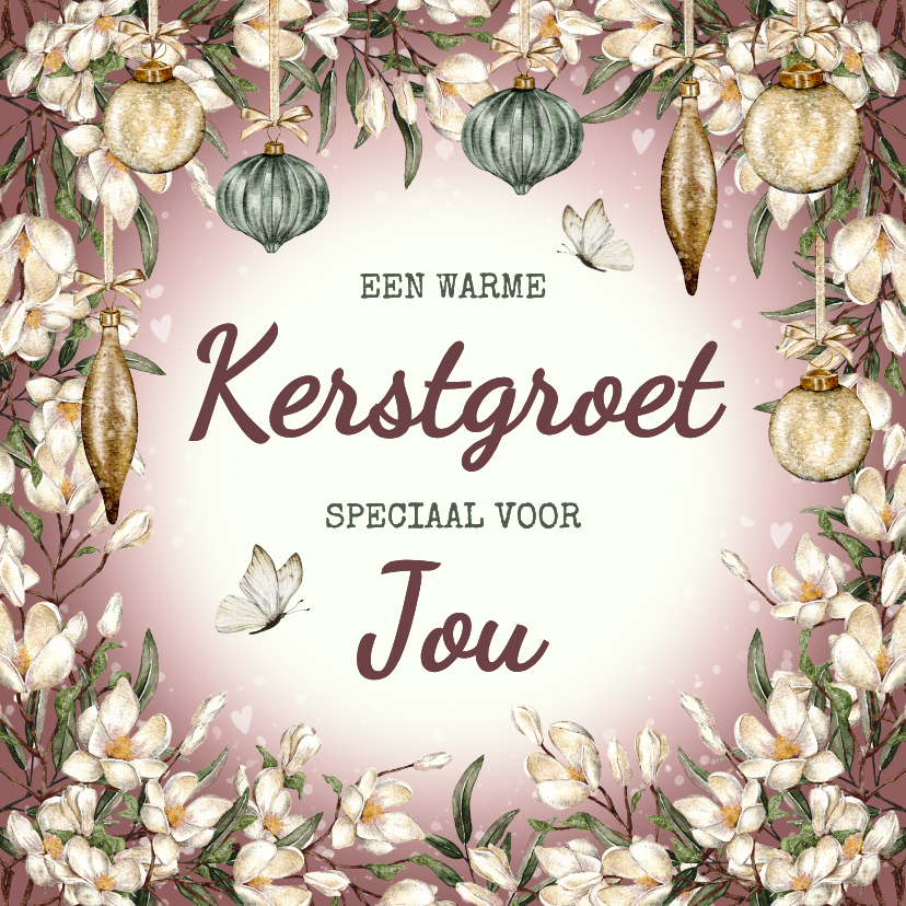 Kerstkaart bloemenkrans met vlinders en hartjes - Kerstkaarten Kerstkaarten - Kerstkaart bloemenkrans met vlinders en hartjes