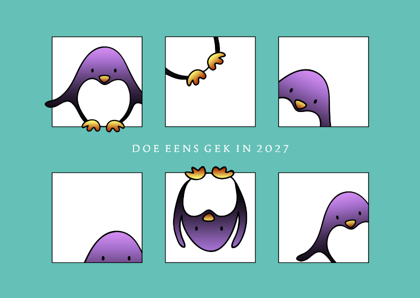 Kerstkaart blokjes pinguins doe eens gek in 2027 - Kerstkaarten Kerstkaarten - Kerstkaart blokjes pinguins doe eens gek in 2027