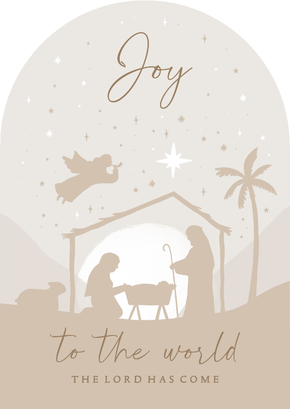 Kerstkaart boogvorm beige kerststal engel sterren - Kerstkaarten Kerstkaarten - Kerstkaart boogvorm beige kerststal engel sterren