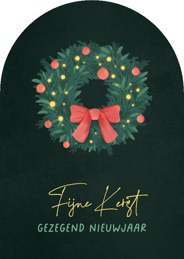 Kerstkaarten - Kerstkaart boogvorm kerstkrans strik christelijk feestdagen