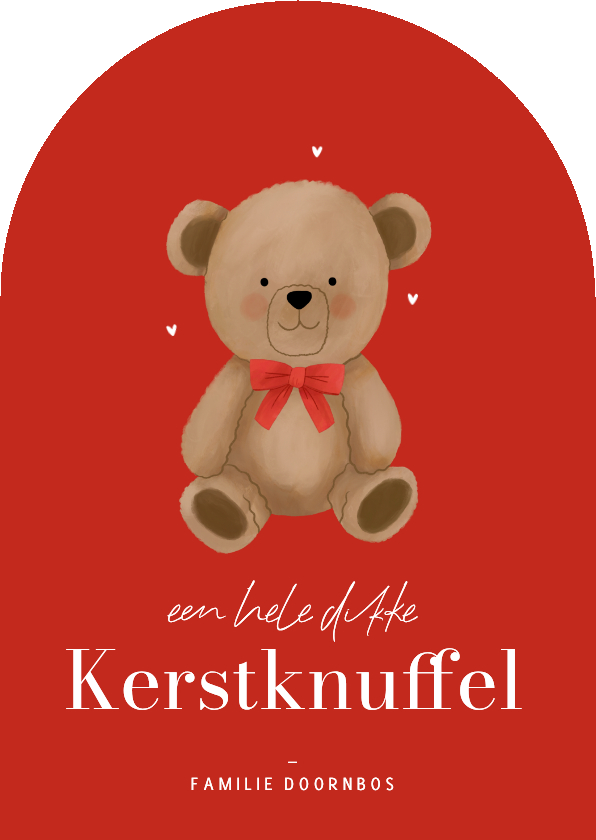 Kerstkaarten - Kerstkaart boogvorm rood teddybeer kerstknuffel hartjes