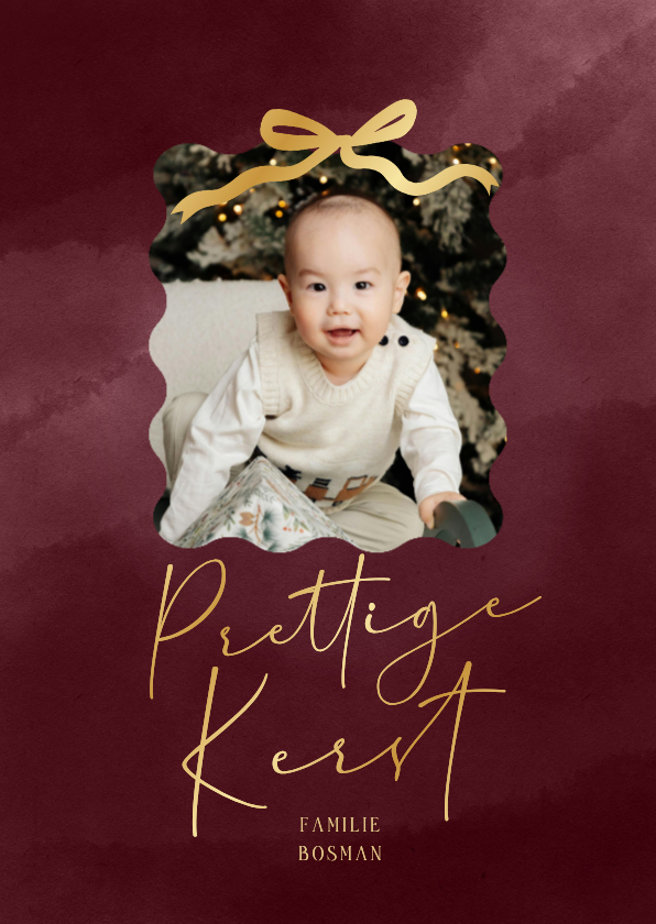 Kerstkaart bordeaux gouden strik foto prettige kerst - Kerstkaarten Kerstkaarten - Kerstkaart bordeaux gouden strik foto prettige kerst