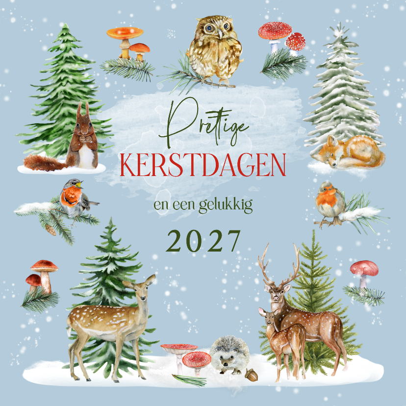 Kerstkaart bosdieren kerstboom winterlandschap - Kerstkaarten Kerstkaarten - Kerstkaart bosdieren kerstboom winterlandschap