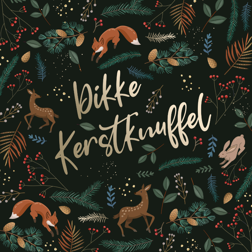 Kerstkaart bosdieren met tekst en takjes - Kerstkaarten Kerstkaarten - Kerstkaart bosdieren met tekst en takjes