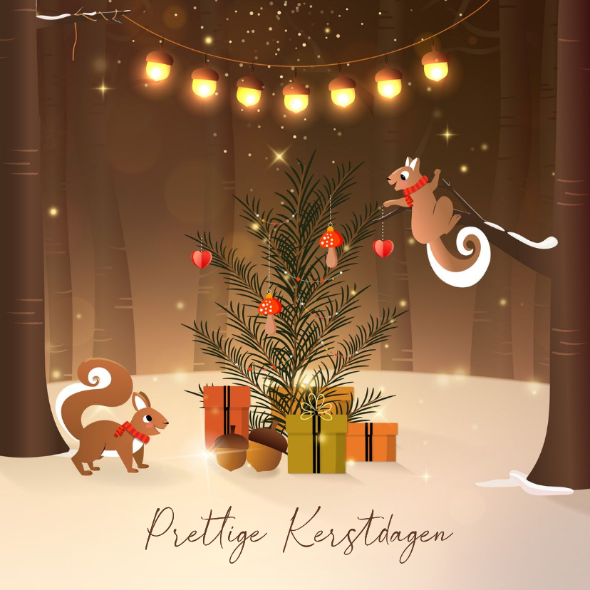 Kerstkaart bosthema lichtjes eekhoorns versieren kerstboom - Kerstkaarten Kerstkaarten - Kerstkaart bosthema lichtjes eekhoorns versieren kerstboom