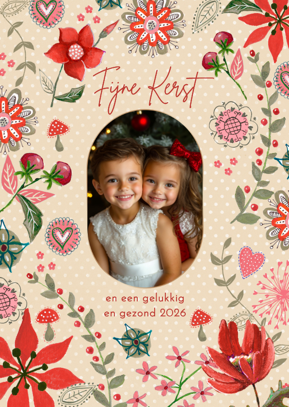 Kerstkaart botanisch beige stippen met bloemen - Kerstkaarten Kerstkaarten - Kerstkaart botanisch beige stippen met bloemen