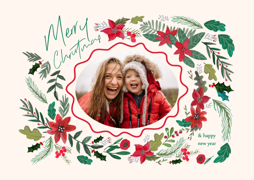 Kerstkaarten - Kerstkaart Botanisch bloemen en schulp rand ovaal