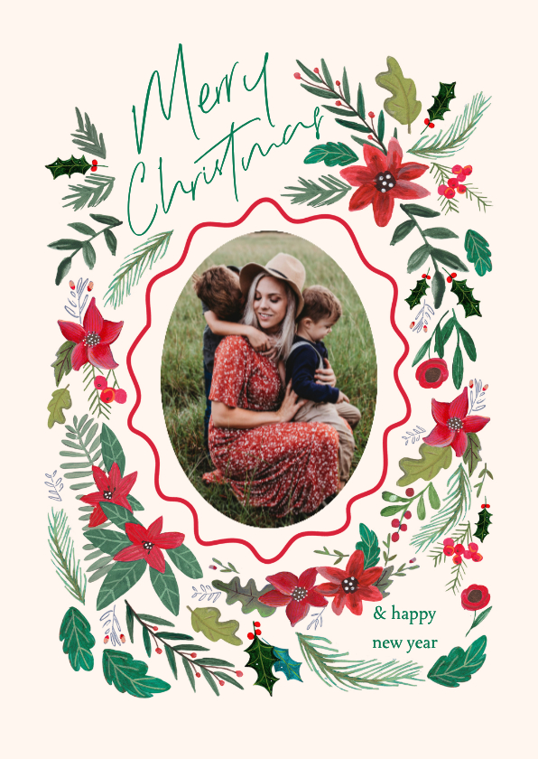 Kerstkaarten - Kerstkaart botanisch bloemen en schulp rand