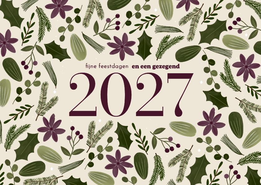 Kerstkaarten - Kerstkaart botanisch bloemen groot jaartal beige 