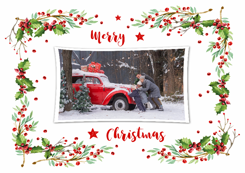 Kerstkaart botanisch hulst liggend met eigen foto - Kerstkaarten Kerstkaarten - Kerstkaart botanisch hulst liggend met eigen foto