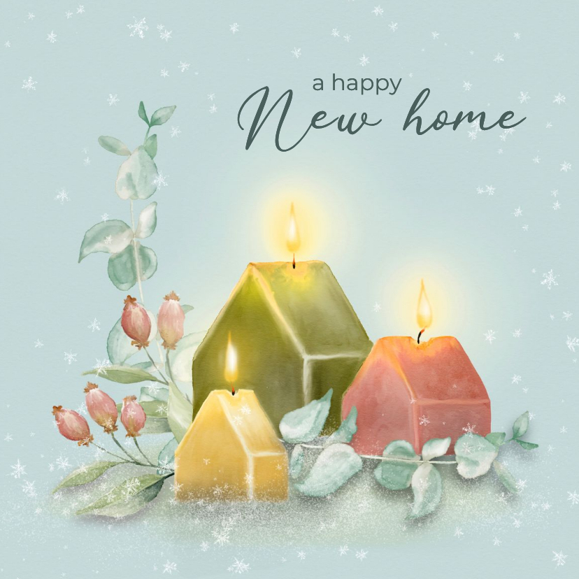 Kerstkaart botanisch met huisjeskaarsen - Kerstkaarten Kerstkaarten - Kerstkaart botanisch met huisjeskaarsen