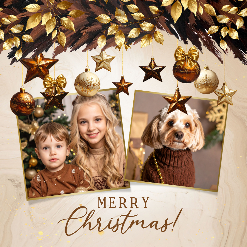 Kerstkaart bruine kersttak, kerstballen, sterren en foto's - Kerstkaarten Kerstkaarten - Kerstkaart bruine kersttak, kerstballen, sterren en foto's