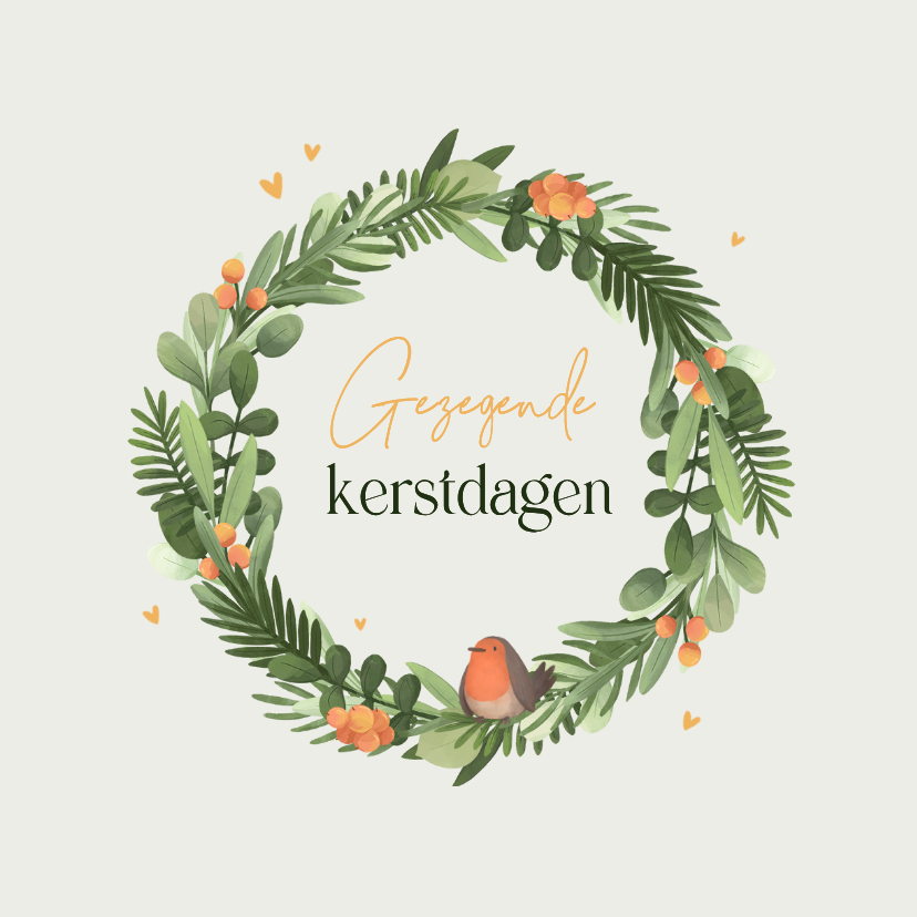 Kerstkaart christelijk kerstkrans roodborstje hartjes - Kerstkaarten Kerstkaarten - Kerstkaart christelijk kerstkrans roodborstje hartjes