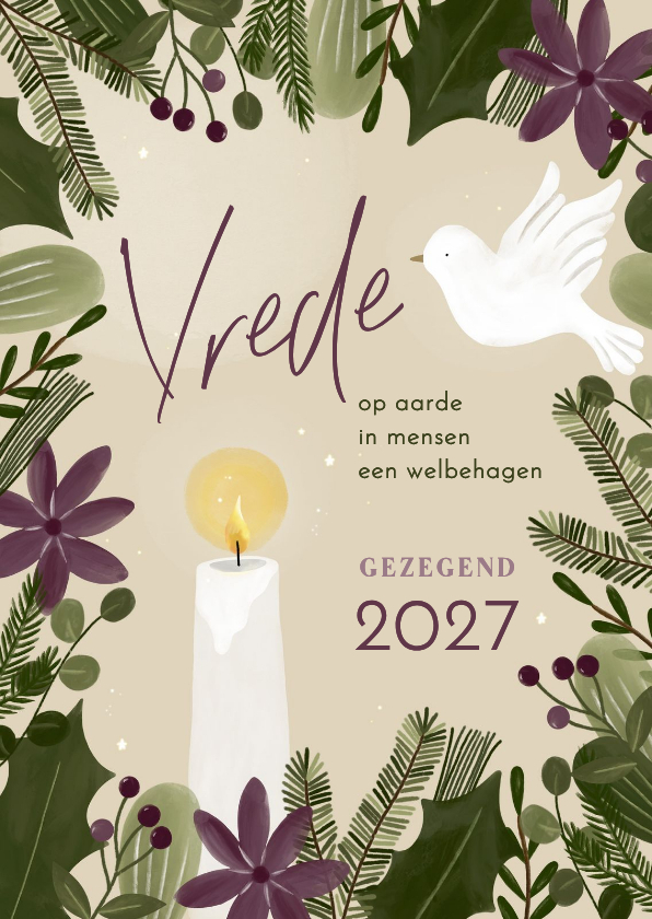 Kerstkaarten - Kerstkaart christelijk vrede botanisch duif en kaars jaartal