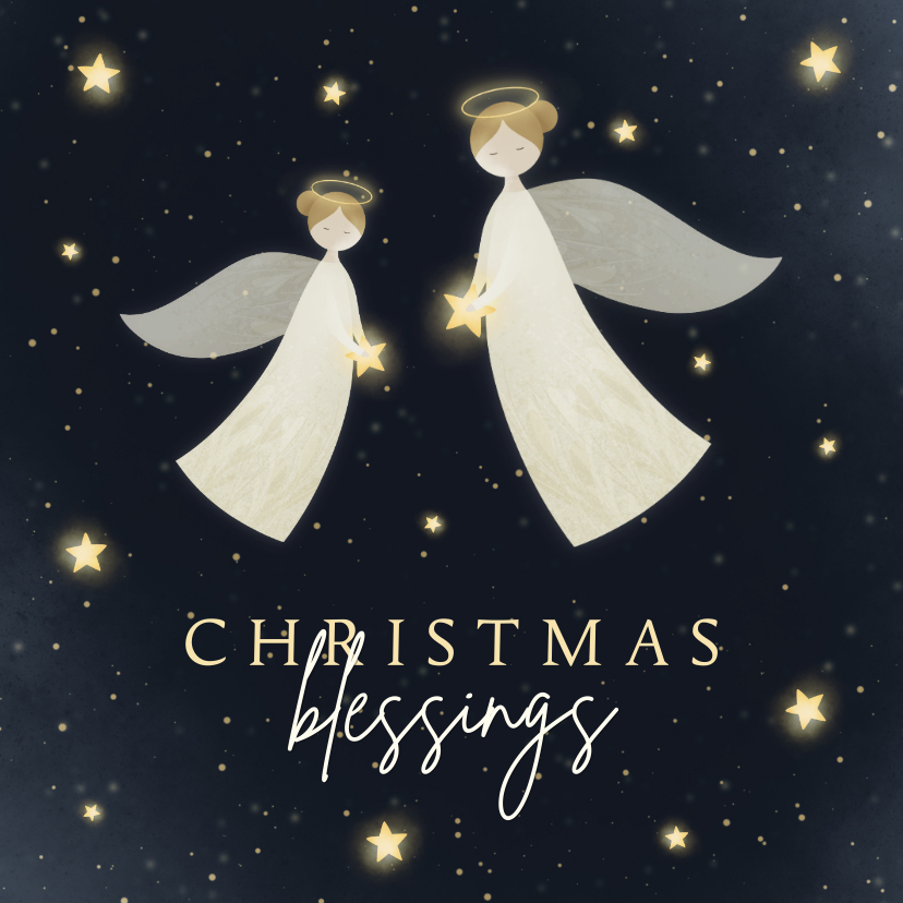Kerstkaarten - Kerstkaart Christmas Blessings met 2 engelen en sterren