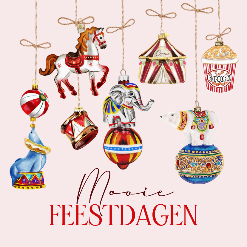 Kerstkaart circusornamenten aan touwtjes - Kerstkaarten Kerstkaarten - Kerstkaart circusornamenten aan touwtjes