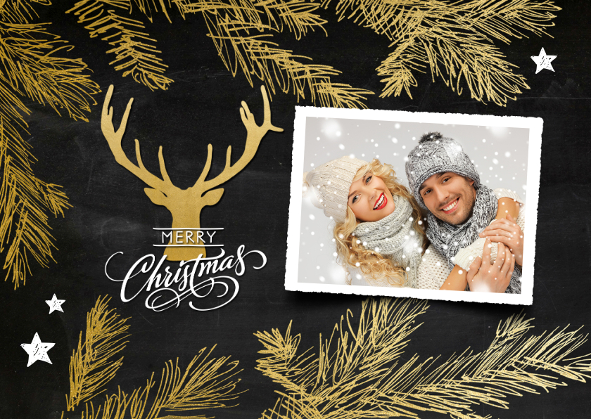 Kerstkaart collage krijtbord hert en dennetakken goud - Kerstkaarten Kerstkaarten - Kerstkaart collage krijtbord hert en dennetakken goud