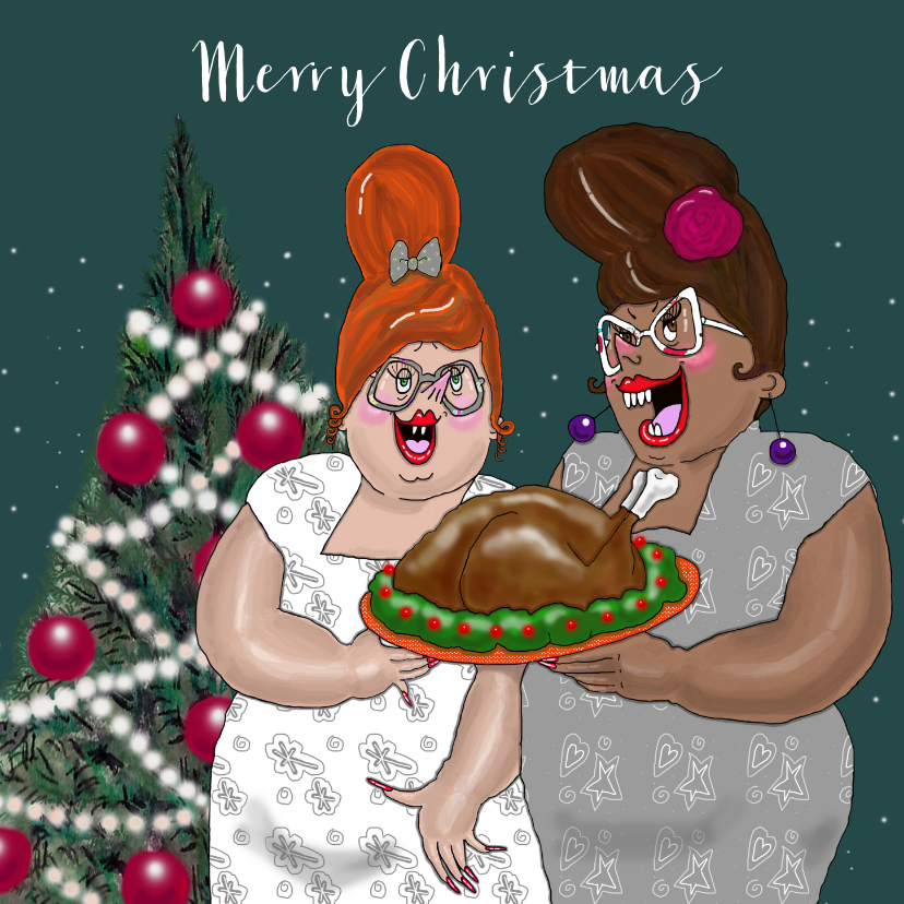 Kerstkaart Dames met kalkoen - Kerstkaarten Kerstkaarten - Kerstkaart Dames met kalkoen