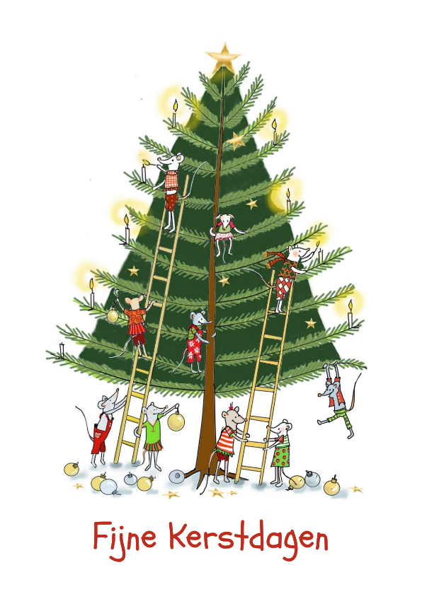 Kerstkaart de muisjes versieren de kerstboom - Kerstkaarten Kerstkaarten - Kerstkaart de muisjes versieren de kerstboom