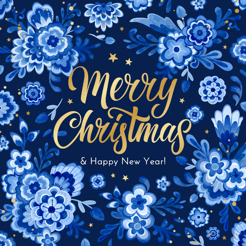 Kerstkaarten - Kerstkaart delfts blauw bloemen sprankelend sterren stijlvol