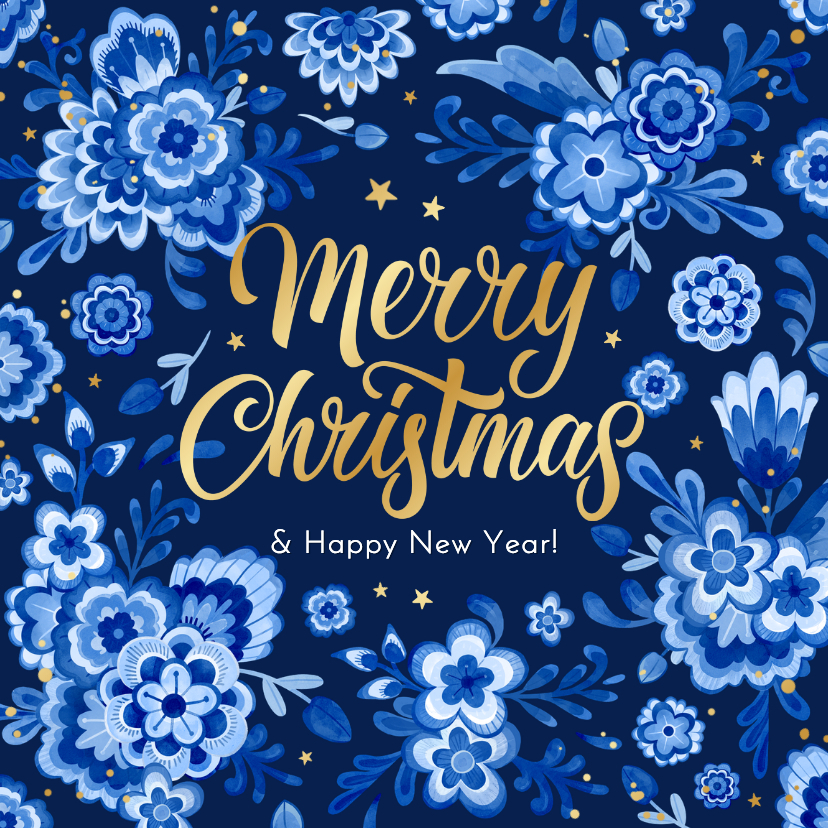 Kerstkaart delfts blauw bloemen sprankelend sterren stijlvol - Kerstkaarten Kerstkaarten - Kerstkaart delfts blauw bloemen sprankelend sterren stijlvol