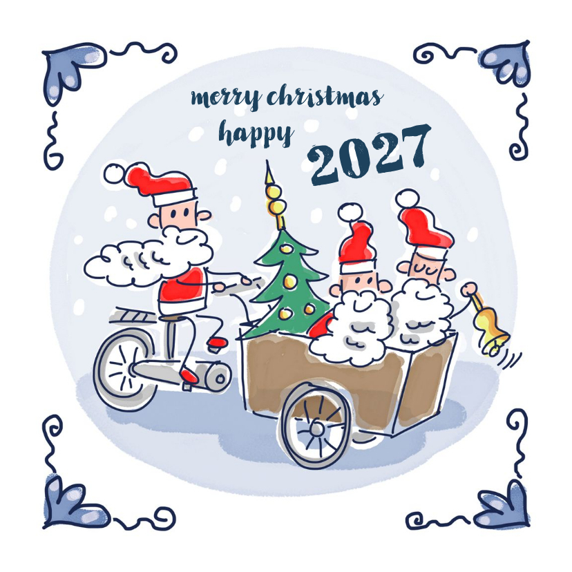 Kerstkaarten - Kerstkaart Delfts blauw tegeltje met kerstmannen op bakfiets