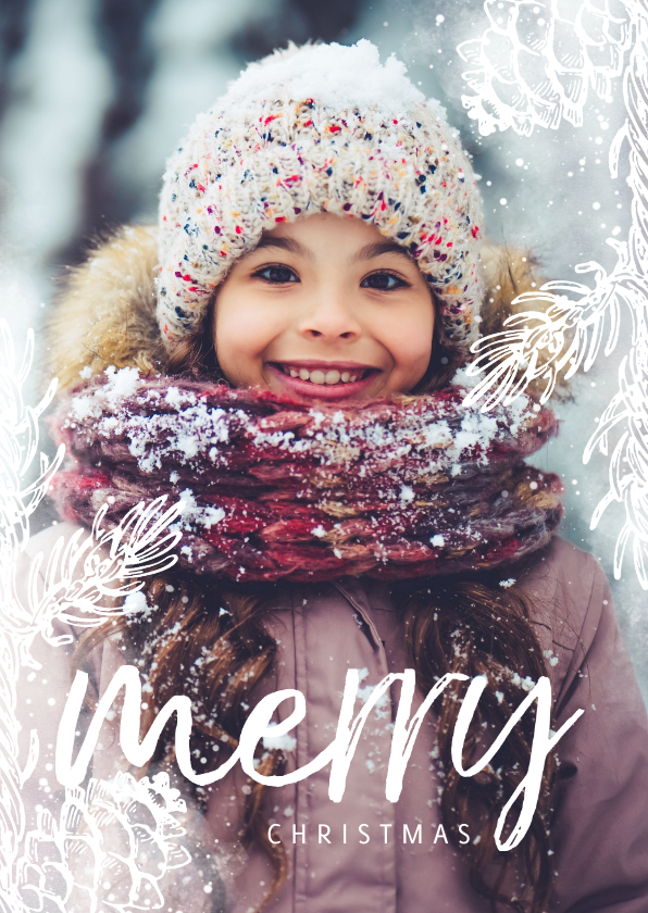 Kerstkaart dennentakje wit met foto achtergrond - Kerstkaarten Kerstkaarten - Kerstkaart dennentakje wit met foto achtergrond