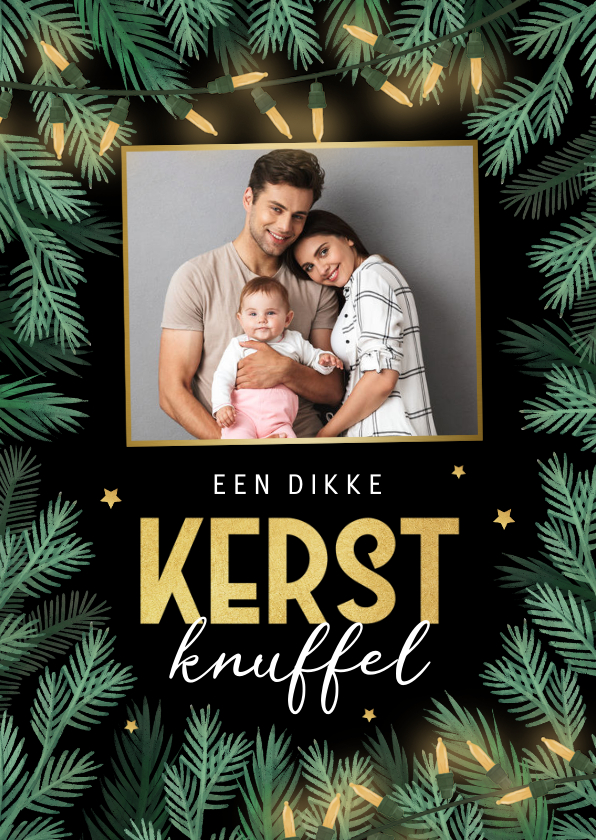 Kerstkaart dennentakjes foto goud kerstknuffel lampjes - Kerstkaarten Kerstkaarten - Kerstkaart dennentakjes foto goud kerstknuffel lampjes