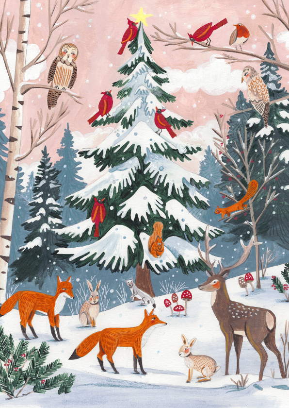 Kerstkaarten - Kerstkaart dieren bij de witte kerstboom