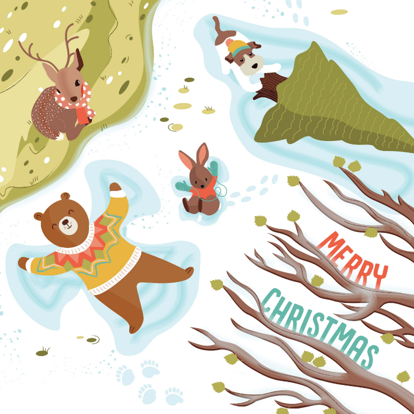 Kerstkaart dieren in de sneeuw illustratie - Kerstkaarten Kerstkaarten - Kerstkaart dieren in de sneeuw illustratie
