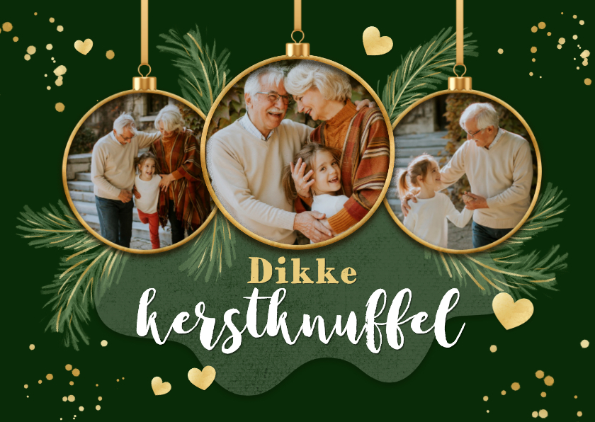 Kerstkaarten - Kerstkaart dikke kerstknuffel fotocollage hartje kerstballen