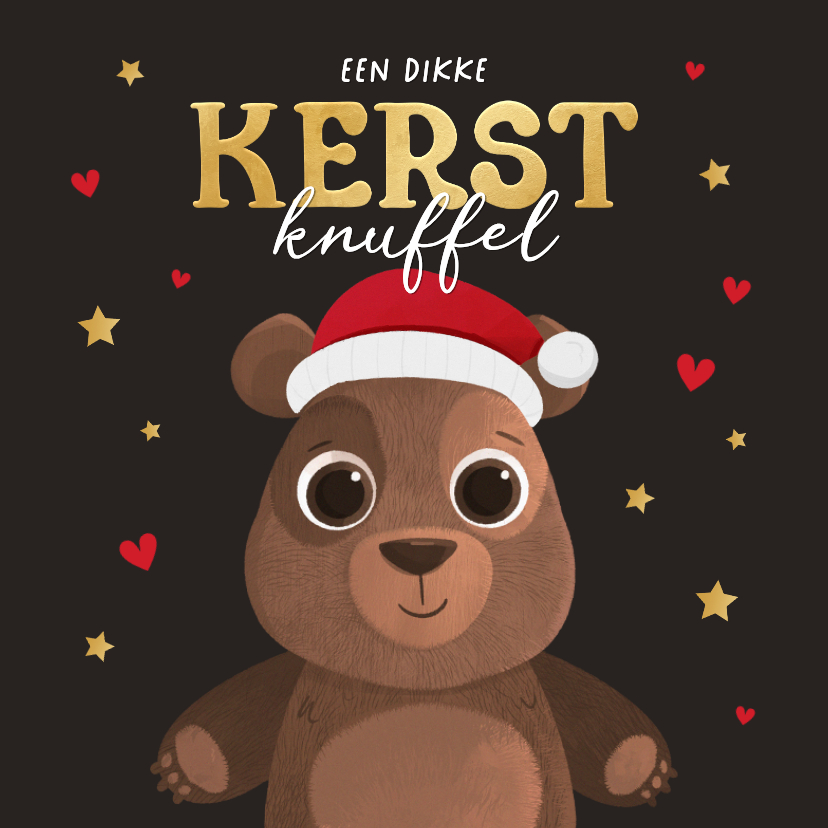 Kerstkaart dikke knuffel beer hartjes sterren kerstkmuts - Kerstkaarten Kerstkaarten - Kerstkaart dikke knuffel beer hartjes sterren kerstkmuts
