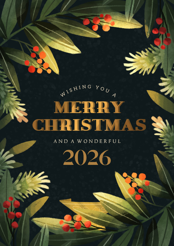 Kerstkaart donker kersttakken rechthoek - Kerstkaarten Kerstkaarten - Kerstkaart donker kersttakken rechthoek