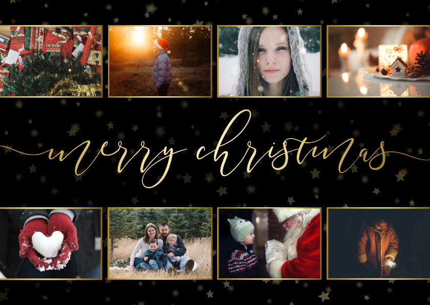 Kerstkaart donker sterren gouden letters en foto's - Kerstkaarten Kerstkaarten - Kerstkaart donker sterren gouden letters en foto's