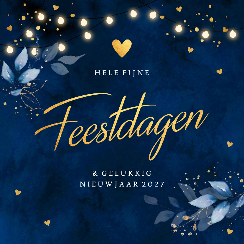 Kerstkaarten - Kerstkaart donkerblauw botanisch bladeren lampjes goudlook