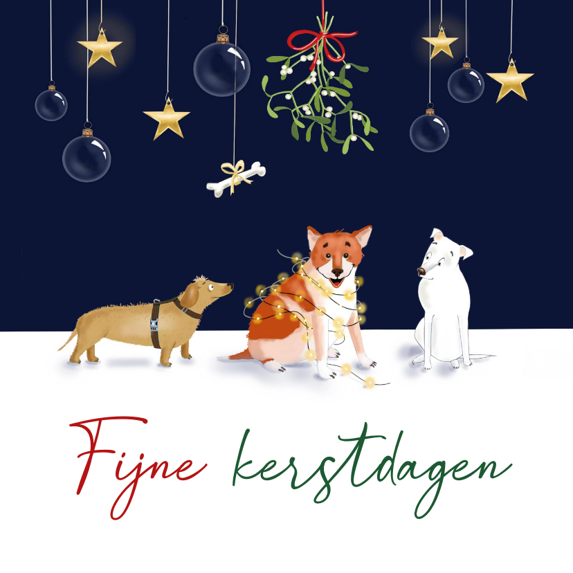 Kerstkaarten - Kerstkaart drie hondjes vieren kerstmis