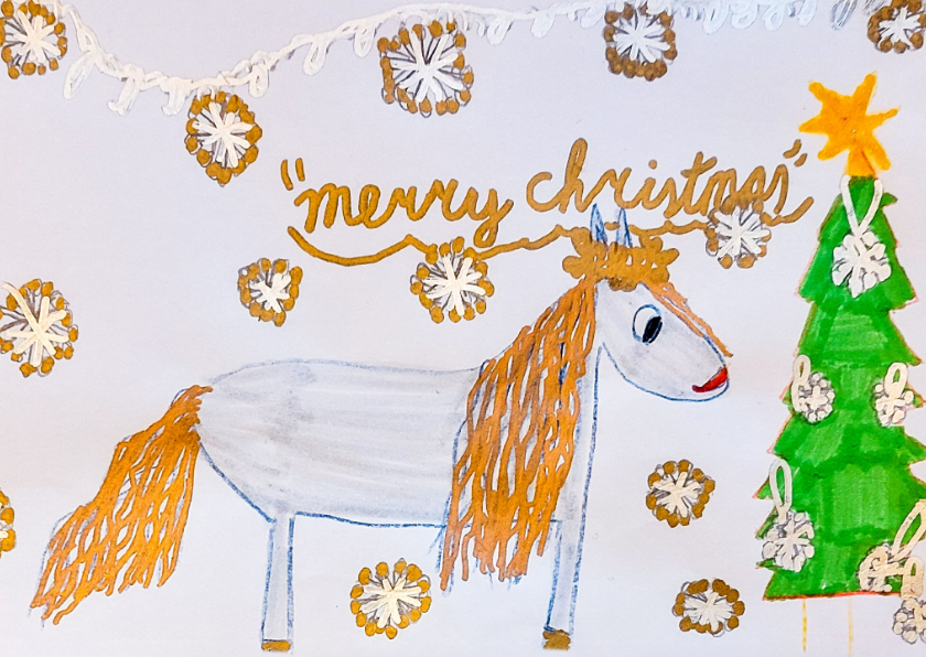 Kerstkaarten - Kerstkaart Duchenne Parent Project paard en kerstboom