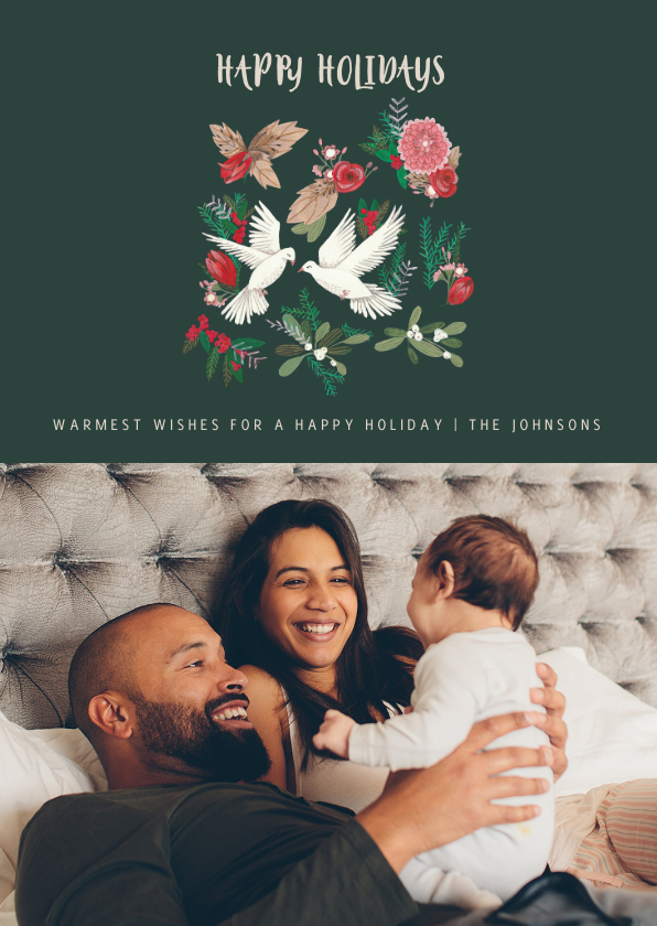 Kerstkaart duiven en bloemen - Kerstkaarten Kerstkaarten - Kerstkaart duiven en bloemen