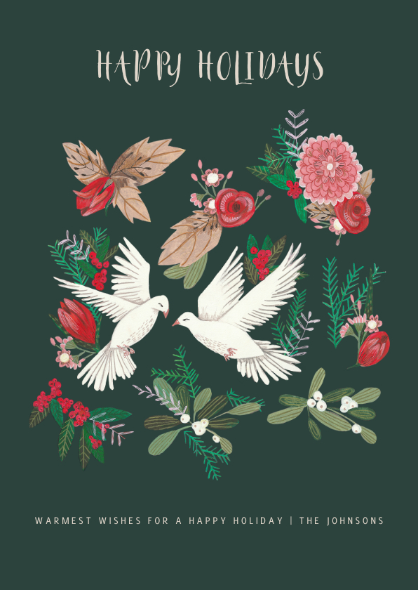 Kerstkaarten - Kerstkaart duiven en botanisch bloemen