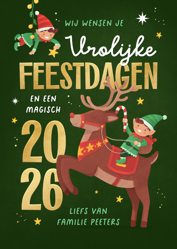 Kerstkaarten - Kerstkaart elfjes rendier magische feestdagen 2026 vrolijk