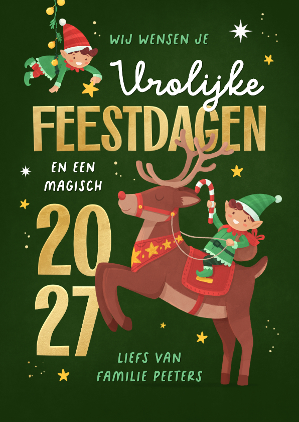 Kerstkaart elfjes rendier magische feestdagen 2027 vrolijk - Kerstkaarten Kerstkaarten - Kerstkaart elfjes rendier magische feestdagen 2027 vrolijk