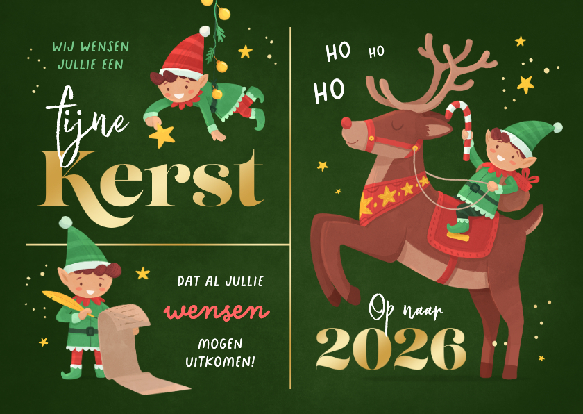 Kerstkaart elfjes van de kerstman vrolijk illustratie kerst - Kerstkaarten Kerstkaarten - Kerstkaart elfjes van de kerstman vrolijk illustratie kerst
