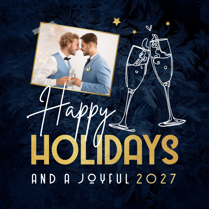 Kerstkaart engels happy holidays champagne sterren foto - Kerstkaarten Kerstkaarten - Kerstkaart engels happy holidays champagne sterren foto