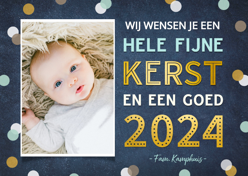 Kerstkaart enkel met vrolijke confetti, goud en eigen foto - Kerstkaarten Kerstkaarten - Kerstkaart enkel met vrolijke confetti, goud en eigen foto